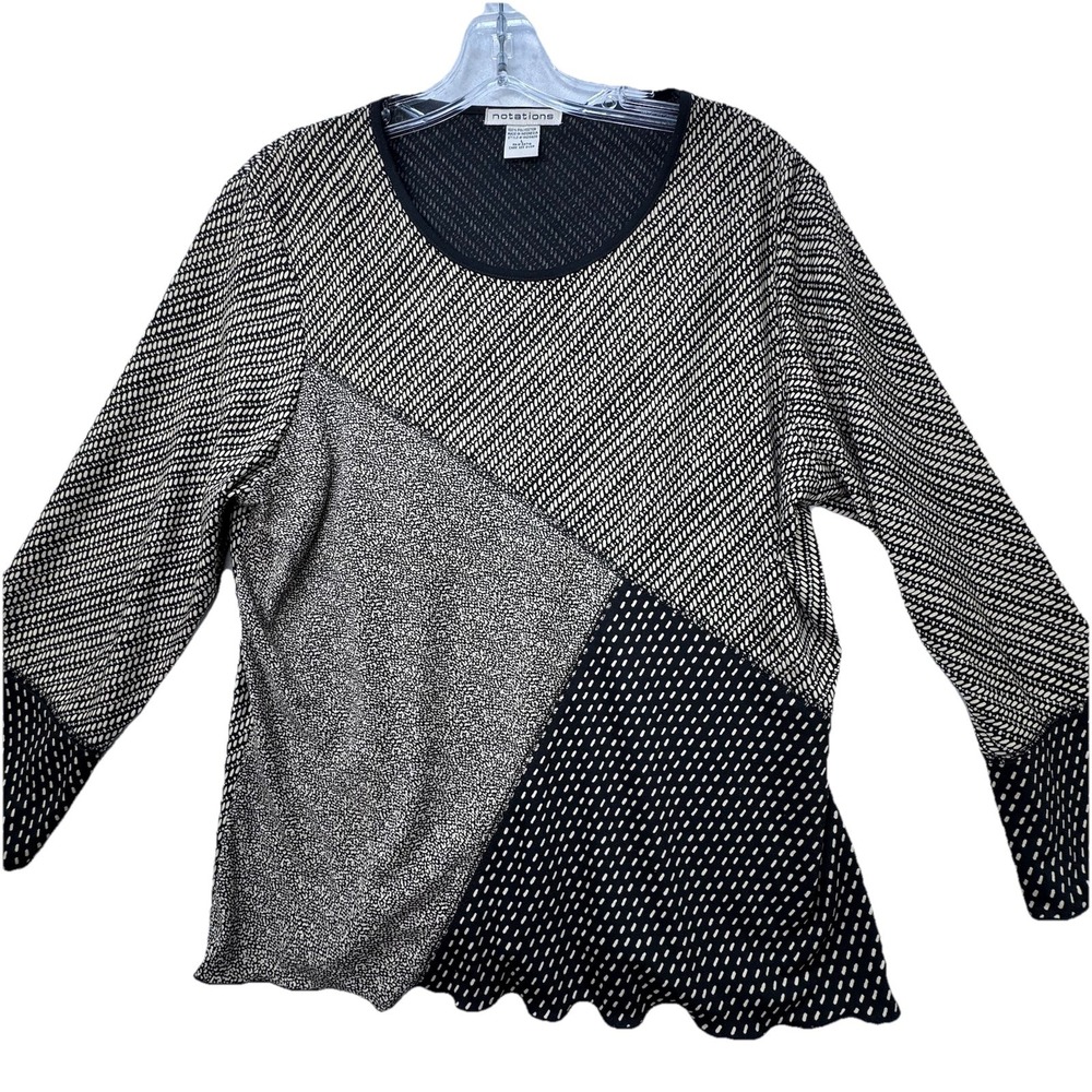 Vintage Y2K Notations Blouse Top Grunge Size Large Lettuce Hem‎ Artsy Eclectic
